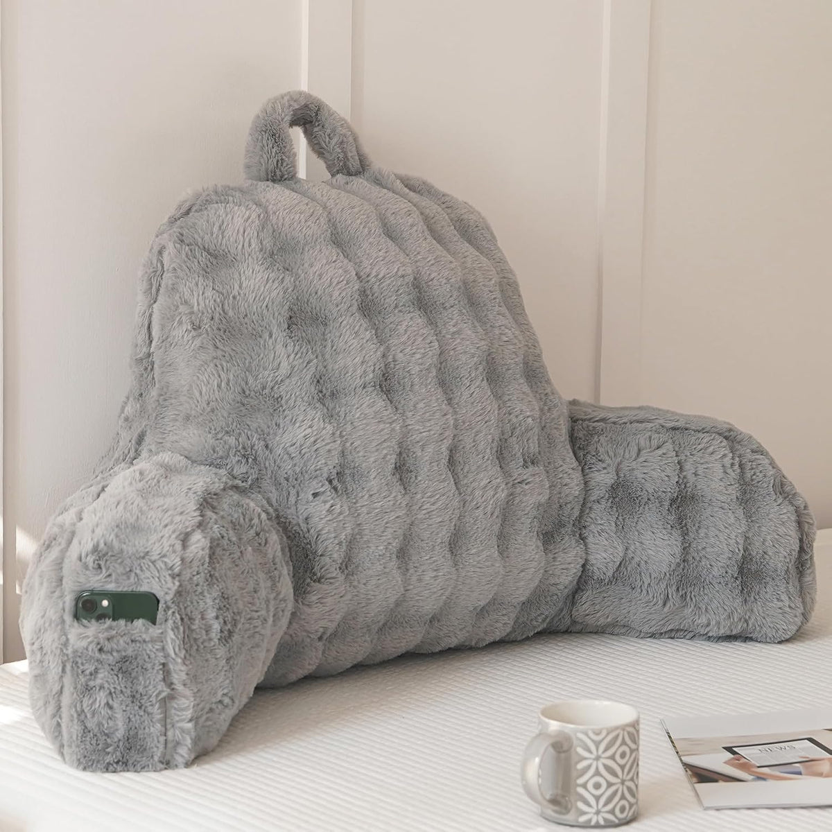 Faux Fur Reading Pillow for Sitting in Bed, Large Backrest Bed Pillow with Arms, Back Support Pillow for Lounging Bedrest, Beige