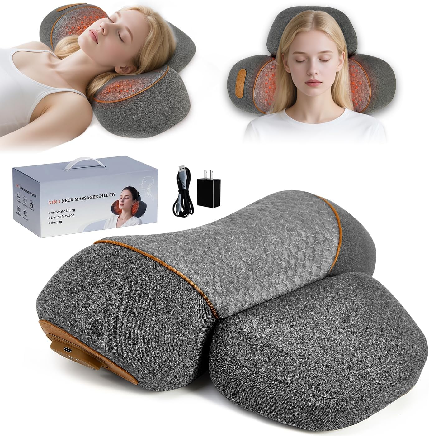3-in-1 Neck Massage Pillow with Heat - Pillow Massage Neck Hump for Shoulder Pain, with Vibrating Heating and Traction Function Gifts for Family (Gray)