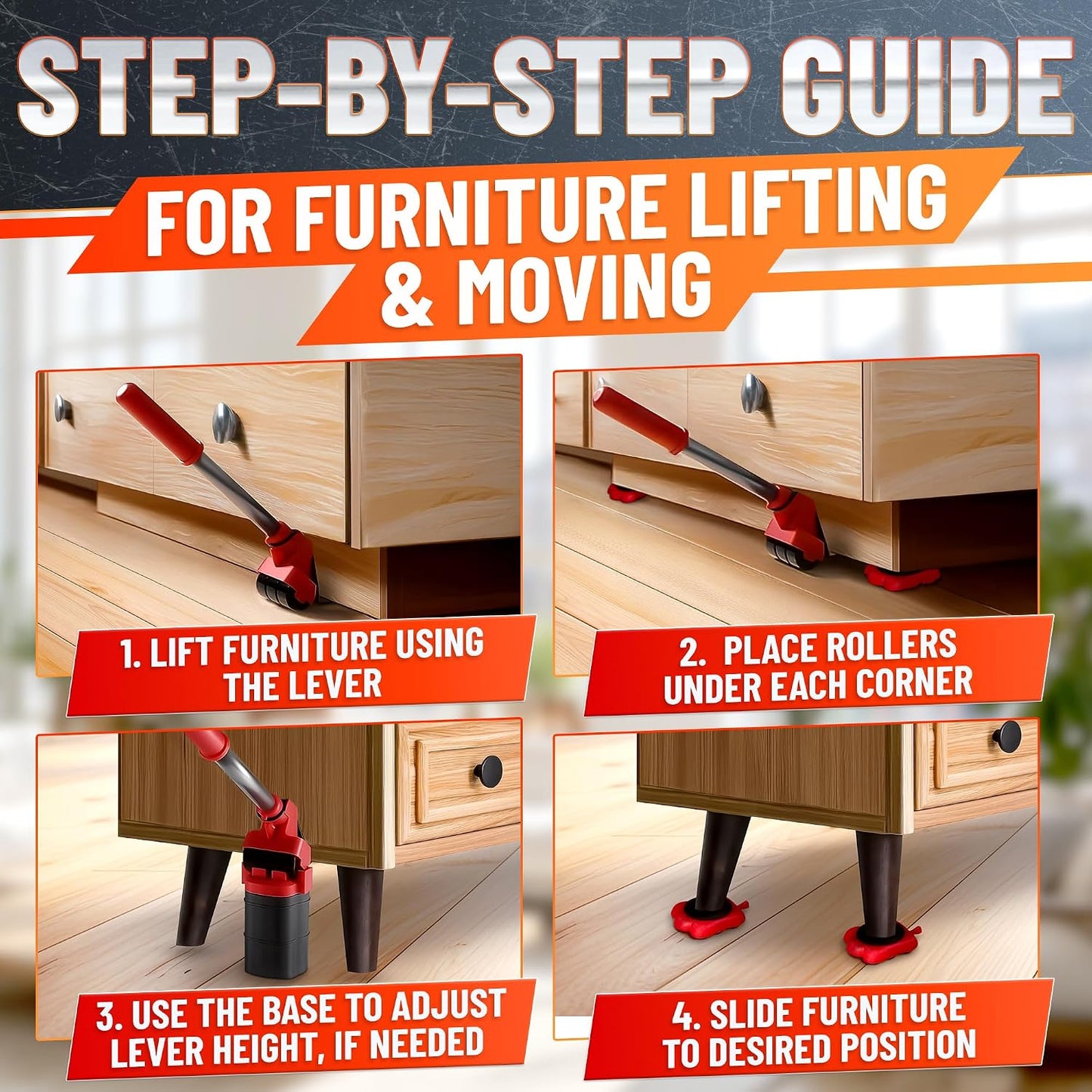 660 lb Furniture Movers with Wheels for Heavy Items (Red) | Heavy Duty Furniture Lifter Tool with 4 Sliders & 13" Lever for Hardwood, Tile & Laminate; Move Sofas, Beds & Refrigerators