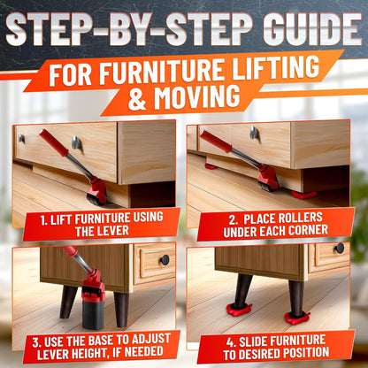 660 lb Furniture Movers with Wheels for Heavy Items (Red) | Heavy Duty Furniture Lifter Tool with 4 Sliders & 13" Lever for Hardwood, Tile & Laminate; Move Sofas, Beds & Refrigerators