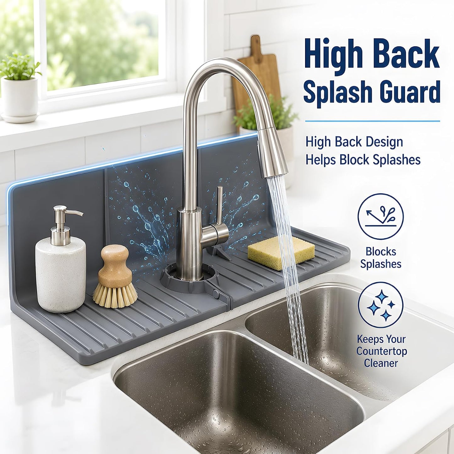 Silicone Sink Splash Guard Behind Faucet, Faucet Mat Backsplash Guard Black | Upgraded design, faucet mat for kitchen sink, drip catcher tray mat; dish soap sponge holder, kitchen counter bathroom sink