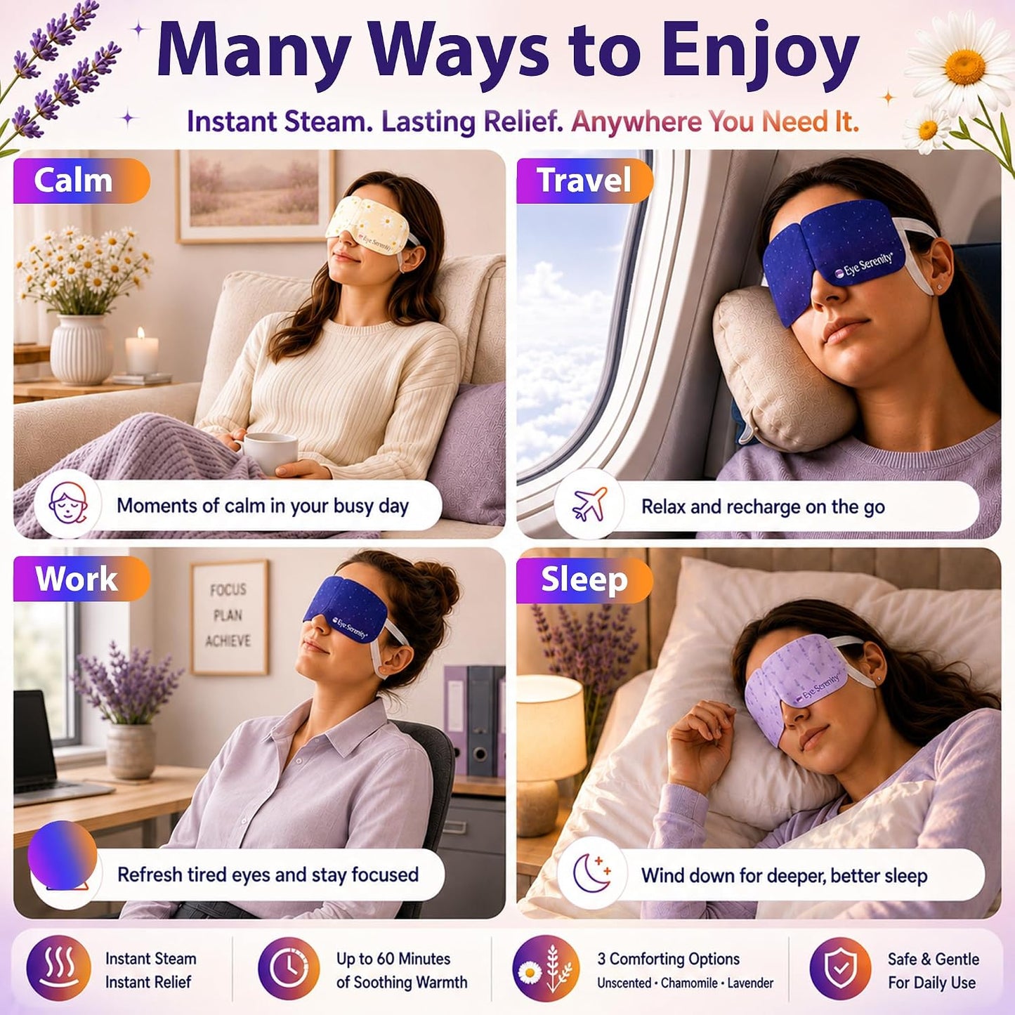 Eye Serenity Steam Eye Mask, Heated Eye Mask, Self Heating Warm Compress for Dry Eyes, Fast Relief for Stye, Puffy Sensitive Eyes, Moist Heat, Gift for Women and Men - Unscented