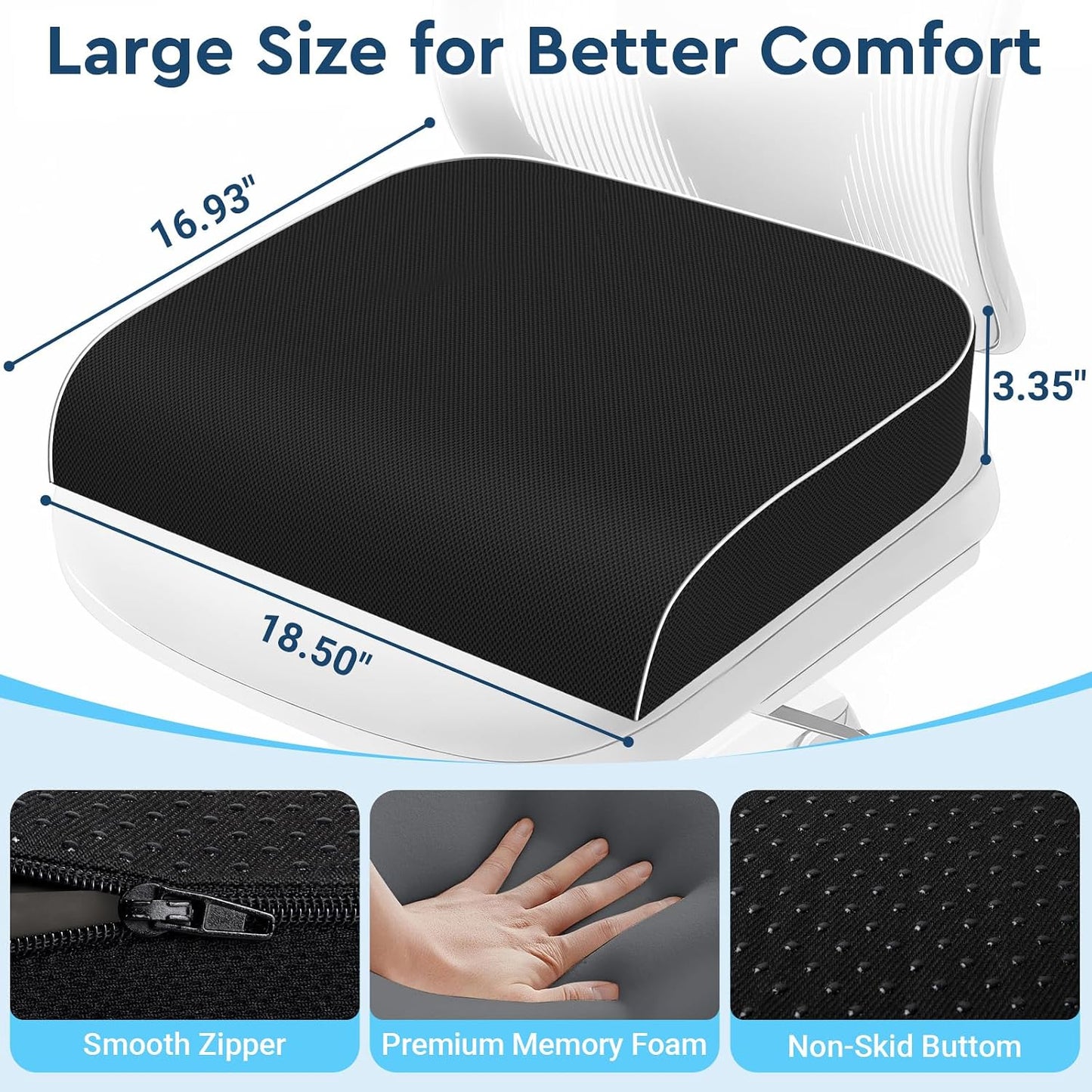 Seat Cushion, Memory Foam Office Chair Cushion, Black, Large | Office Desk Accessories, Butt Pillow for Long Sitting Sciatica, Coccyx, Tailbone, Hip Pain Relief - for Home, Car, Airplane