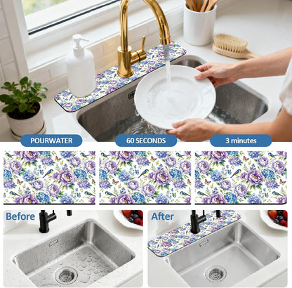 2Pcs Peonies Kitchen Sink Splash Guard Faucet Mat Vintage Florals Faucet Mat For Bathroom Kitchen 5.5x23.6In