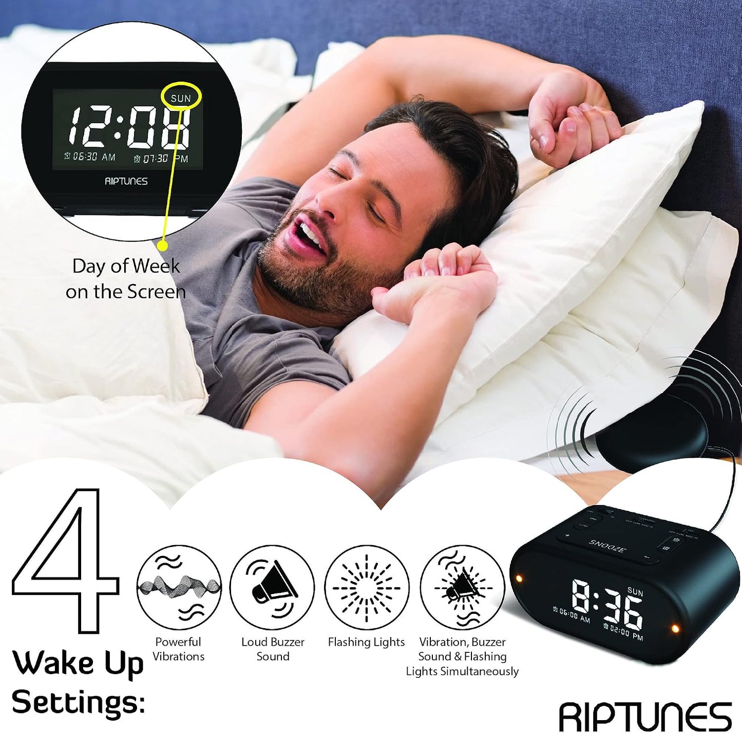 Riptunes Loud Alarm Clock with Bed Shaker for Heavy Sleepers & Hearing Impaired - Dual Alarm for Bedroom Weekday and Weekend Settings USB Charging, Dimmer, Snooze (Black)