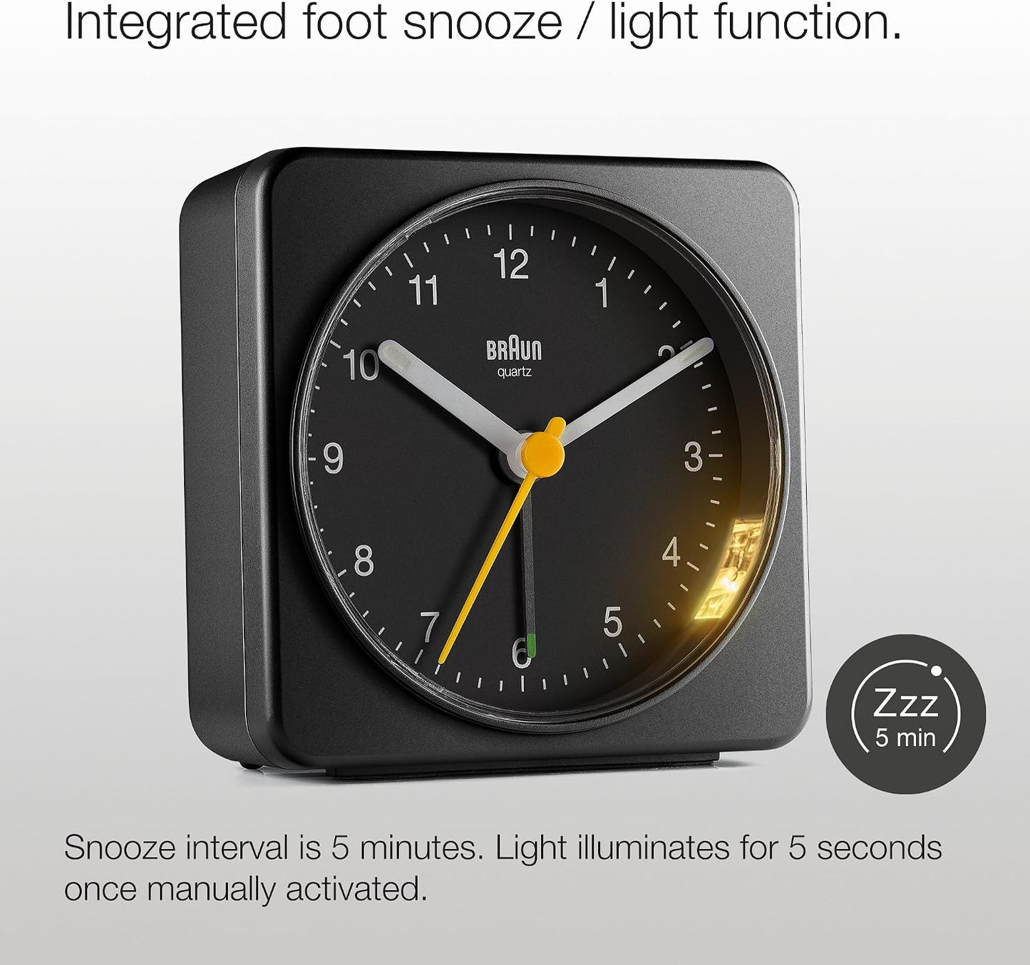 Braun Classic Analogue Alarm Clock with Snooze and Light, Quiet Quartz Sweeping Movement, Crescendo Beep Alarm in Black, Model BC03B.