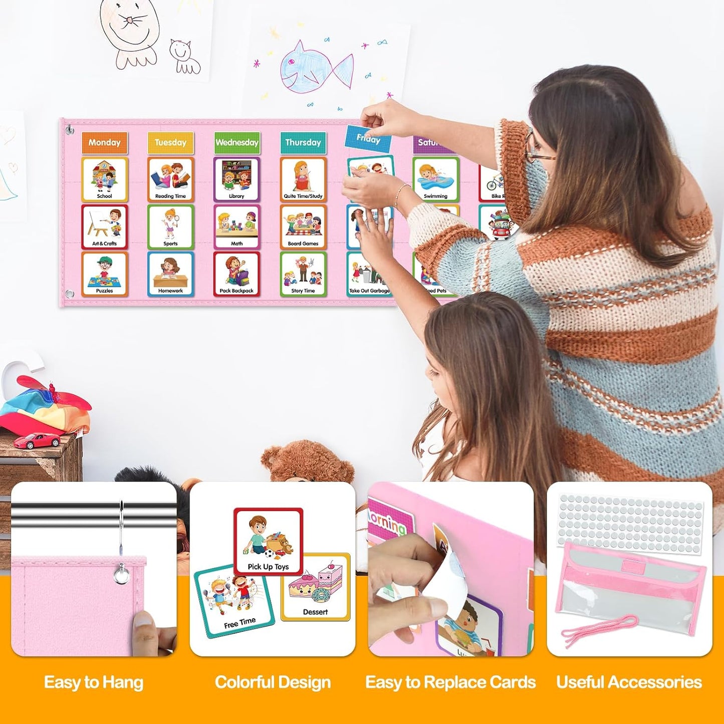 Large Visual Schedule for Kids Chore Reward Chart,Bedtime Routine Chart for Toddlers,Double Side Weekly Planner Board With 109 Cards for Home School Planner,Autism Learning Materials.