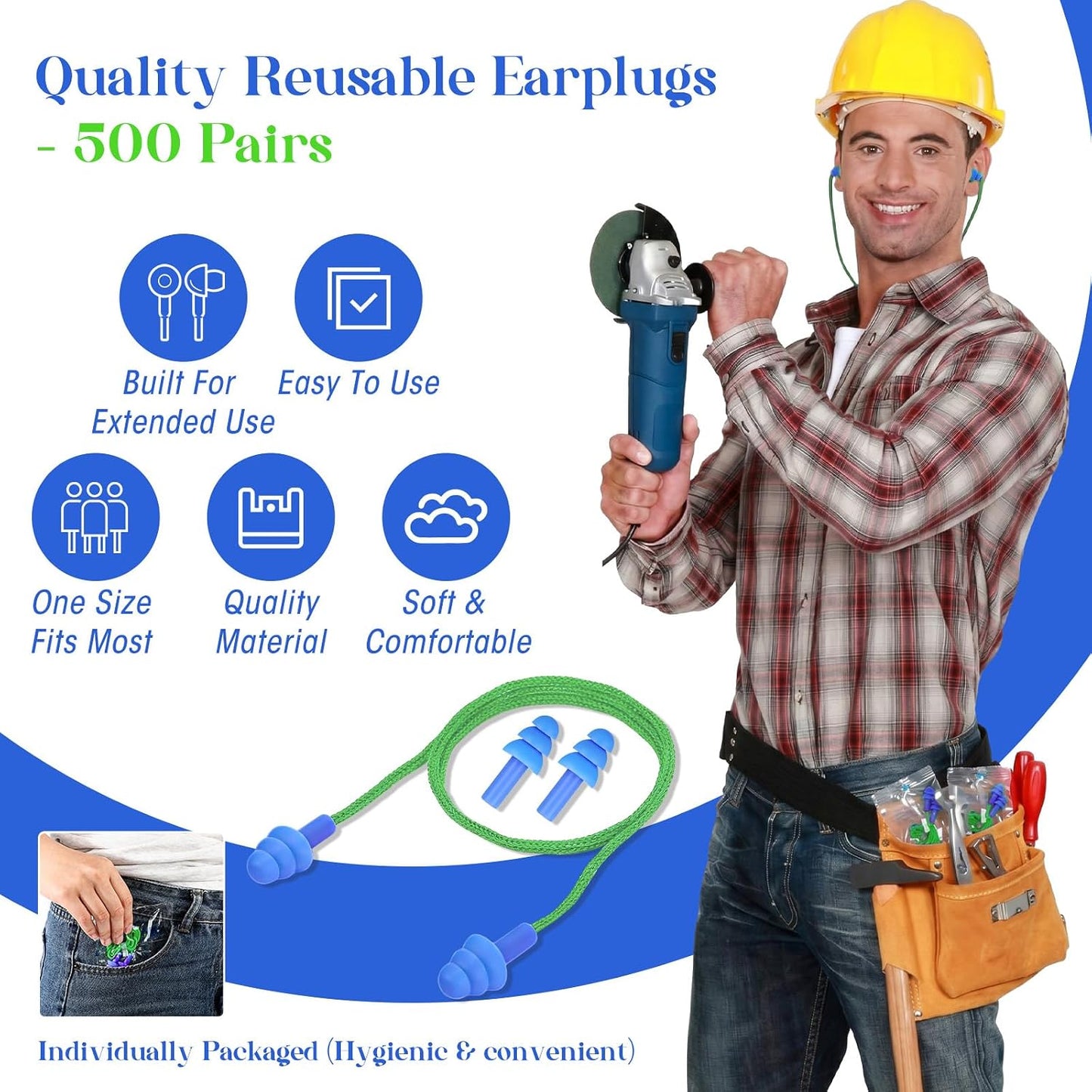 Relaxweex 500 Pairs Corded Ear Plugs Bulk 25dB NRR Reusable Silicone Ear Plug with String Individually Wrapped Earplugs for Sleeping Noise Reduction Hearing Protection Shooting Work (Blue Yellow)