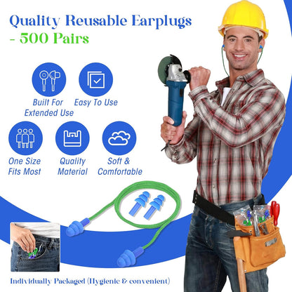 Relaxweex 500 Pairs Corded Ear Plugs Bulk 25dB NRR Reusable Silicone Ear Plug with String Individually Wrapped Earplugs for Sleeping Noise Reduction Hearing Protection Shooting Work (Blue Yellow)