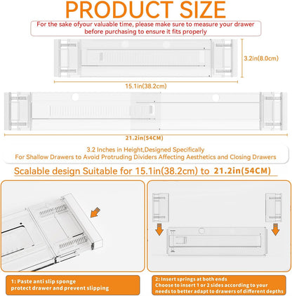 8 Pack 3.2 Inch Shallow Acrylic Drawer Dividers for Clothes -Expandable from 15-21''- Adjustable Drawer Dividers for Baby Clothing,Sock,Underwear,Clear in Drawer Separators for Dresser,Kitchen