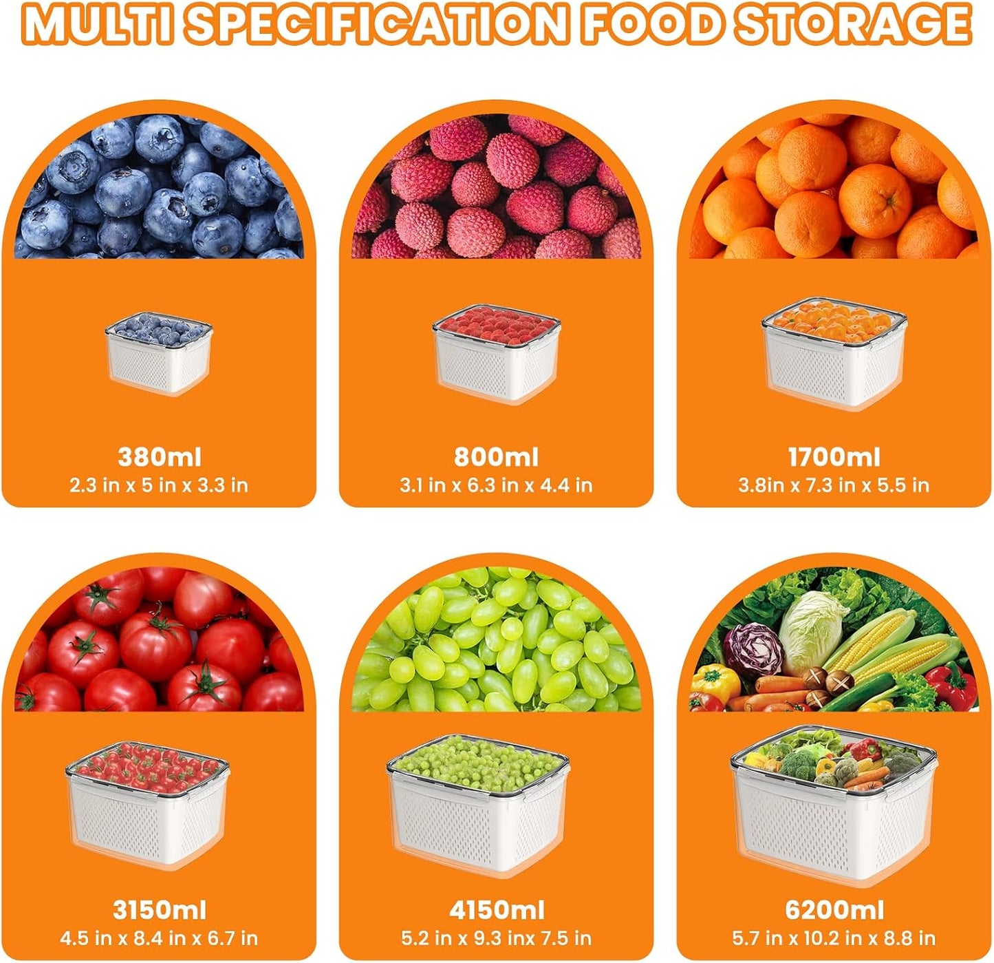 Fruit Storage Containers for Fridge - 5 PCS Poduce Containers for Fridge - with Removable Drain Basket - Keep Fruit Lettuce Berry Vegetables Meat Food Stay Fresher Longer