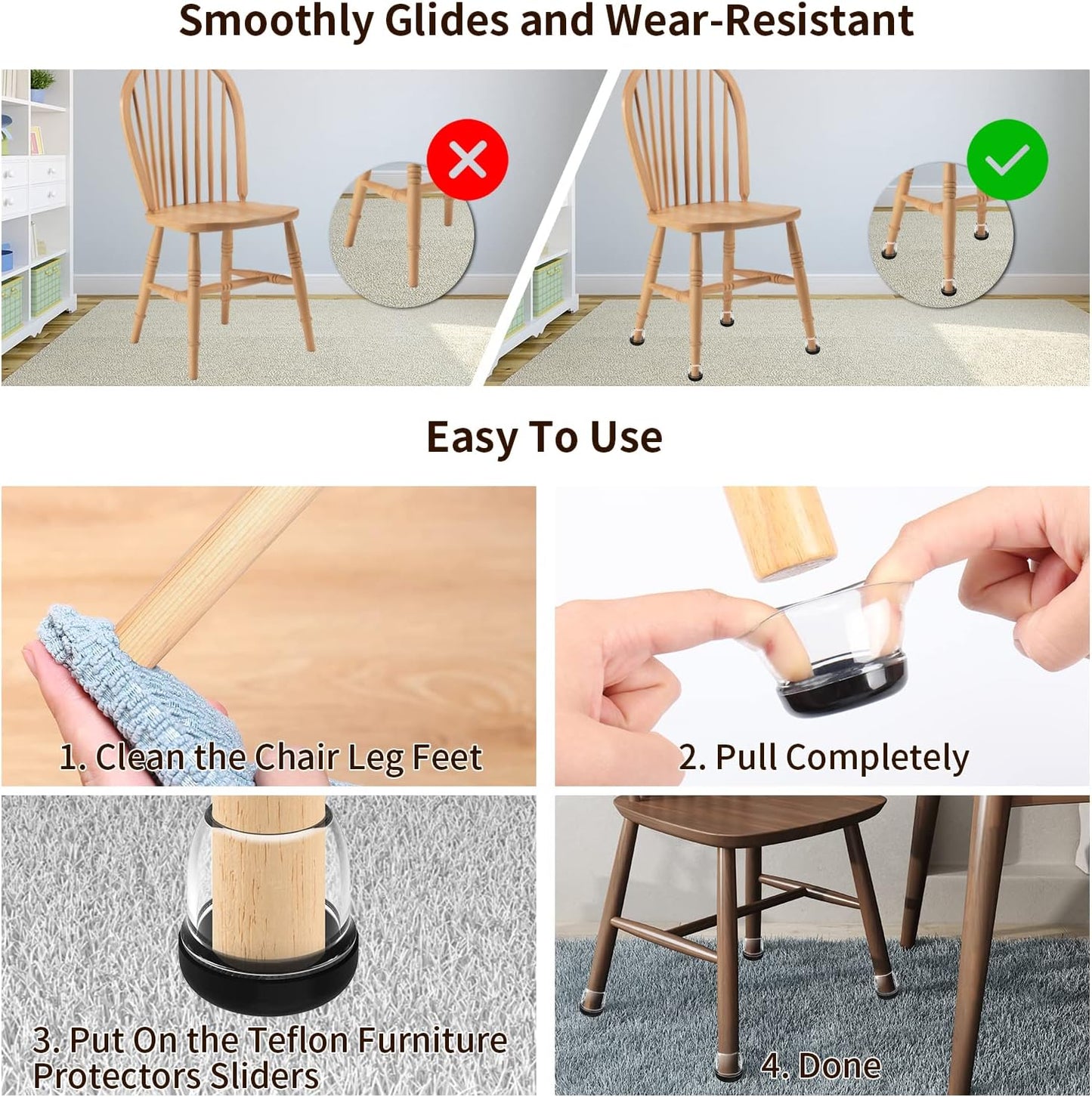 Ezprotekt Chair Leg Sliders for Carpet, 24 Pcs Square Chair Glides for Carpet, Carpet Furniture Pads Stool Leg Protectors Caps, Carpet Furniture Glides Quickly and Easily (L Fit:1" - 1.4")