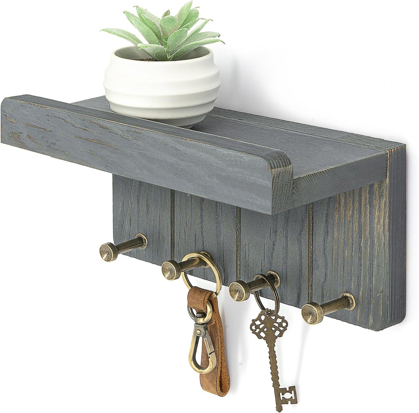 Rebee Vision Key Holder Wall Mount with Shelf for Entryway, Distressed Blue | Key and Mail Holder for Wall, Shelf, 4 Key Hooks, Farmhouse Decor, Room Decor Aesthetic, Compact Home Storage, Wall Organizer