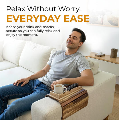 Bamboo Couch Cup Holder, 2 Cork Coasters, Anti-Slip Foldable Couch Arm Tray | 2 in 1 Foldable Sofa Arm Tray, Couch Armrest Table, Anti-Spill Couch Arm Table for Drinks TV Remote Cellphone Snacks