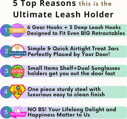 Dog Leash Holder for Wall with Shelf — Wall Mounted Dog Treat Holder & Station, 2 Airtight 32oz Treat Containers, 9 Hooks, Patented Lidless Slide-to-Seal Jars, Solid Steel, Made in USA
