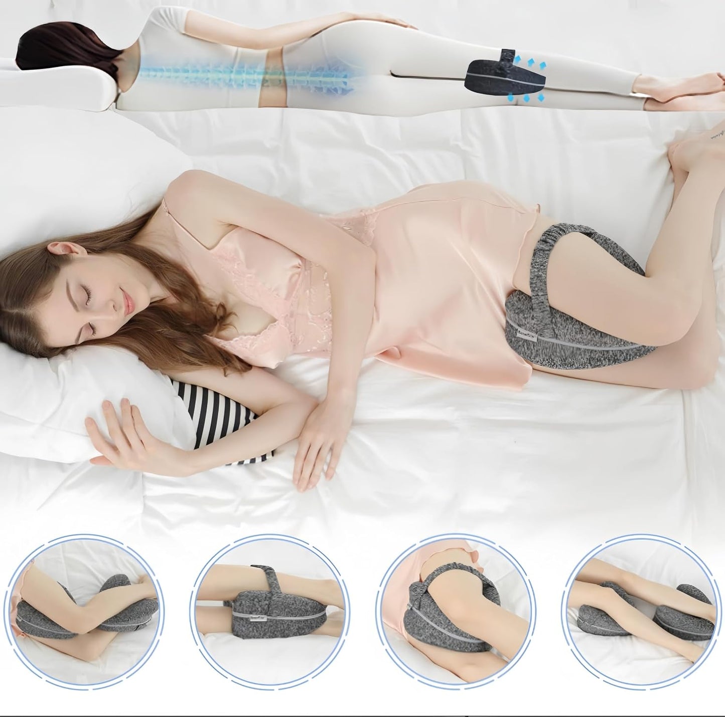 Memory Foam Knee Pillow for Side Sleepers,Hip & Spine Support,Grey | Ergonomic contour,adjustable elastic strap,breathable cover,durable memory foam,versatile for bed,sofa,office,travel