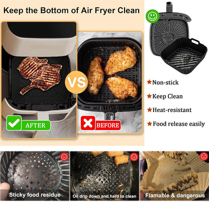 2Pcs Silicone Air Fryer Liners Reusable Square Thickened Airfryer Basket for 4 to 7 QT Baking Tray Accessories Kitchen Gadgets Replacement of Flammable Disposable Parchment Paper