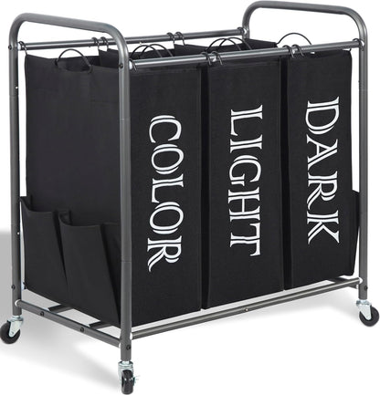 STORAGE MANIAC 3 Section Laundry Sorter, 35.6 Gal (135 L) Laundry Hamper Cart with Heavy Duty Rolling Lockable Wheels and Removable Bags, Clothes Organizer Basket Separator Hamper, Gray