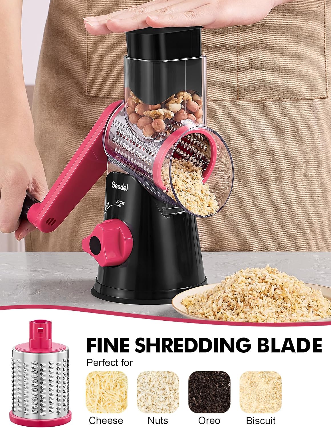 Geedel Rotary Cheese Grater, Kitchen Mandoline Vegetable Slicer with 3 Interchangeable Blades, Easy to Clean Rotary Grater Slicer for Fruit, Vegetables, Nuts | 3 Blades, 430 Stainless Steel, 12x Fast Cutting, Strong Suction Base, No BPA, Dishwasher Safe,
