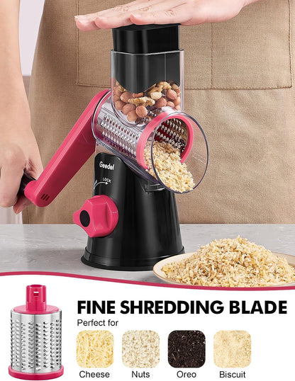 Geedel Rotary Cheese Grater, Kitchen Mandoline Vegetable Slicer with 3 Interchangeable Blades, Easy to Clean Rotary Grater Slicer for Fruit, Vegetables, Nuts | 3 Blades, 430 Stainless Steel, 12x Fast Cutting, Strong Suction Base, No BPA, Dishwasher Safe,