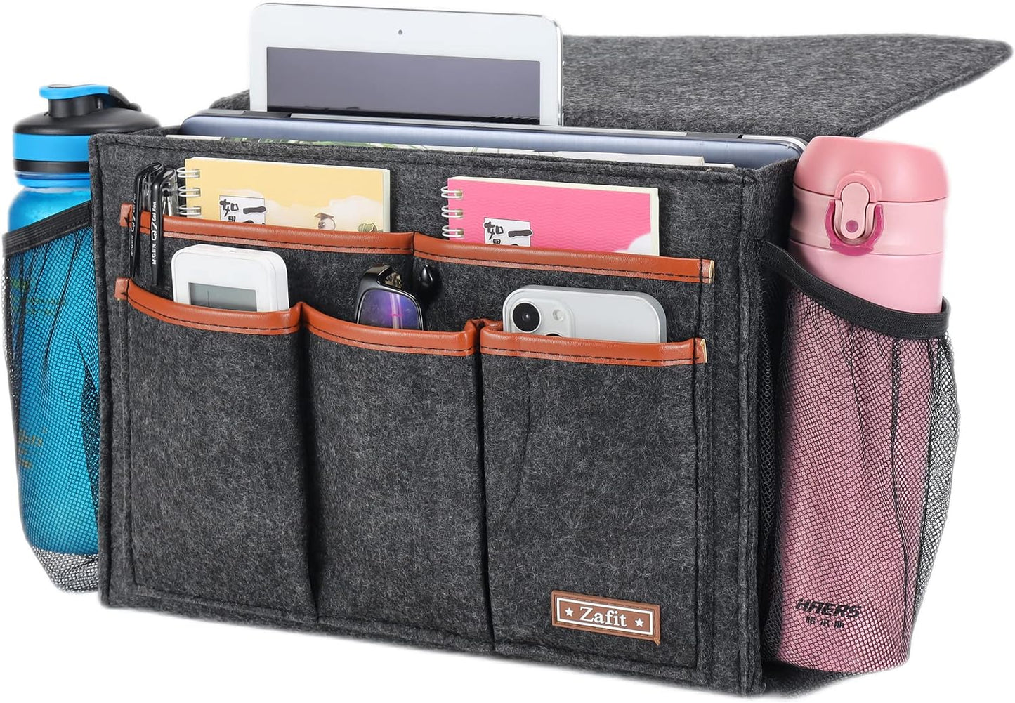 Zafit Bedside Caddy, Large Size Bedside Storage Organizer Bedside Organizer Caddy for Magazine Remotes Phone (13.4'' x 18.1'' Plus Size, Dark Grey)
