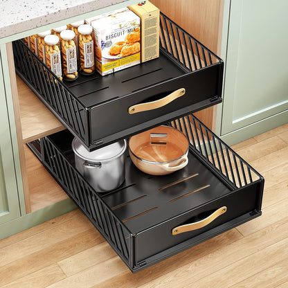 Pull out Cabinet Organizer,Heavy Duty Slide out Pantry Shelves Drawer Storage with Adhesive Nano Film,Sliding Mesh Cabinet Basket with Handle for Kitchen, Bathroom, Home, 11.8"W X 15.7"D X6.2"H,Black