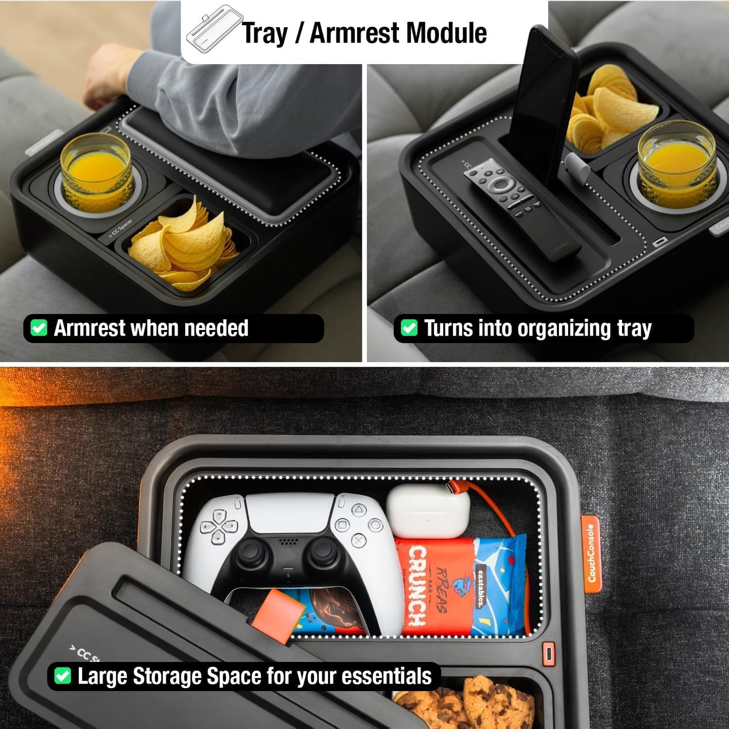 Original Tray - Drinks & Snacks Sofa Caddy with Armrest, Table with Phone Stand- TV Remote Control Storage and Organizer - for Living Rooms, RV, and Cars, Black/Green