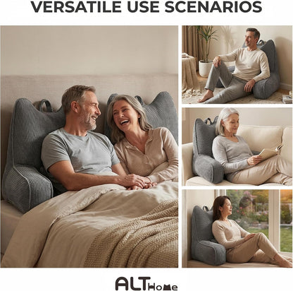 Patented Design Reading Pillow with Arms for Sitting Up, 2-in-1 Bed Rest Pillow with Detachable Lumbar Support, Backrest Support Cushion for Couch with Side Pockets & Handle, Beige Gray