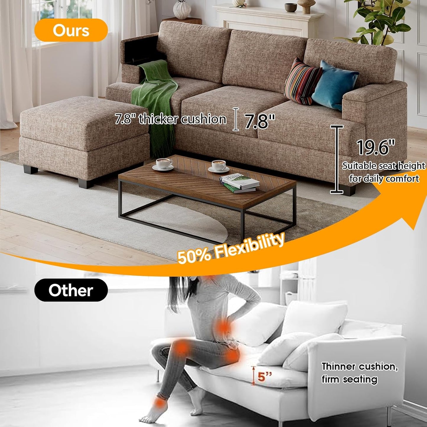 85'' L Shaped Couch with Armrest Organizer,Sectional,Movable Ottoman,Khaki | Comfy Sectional Sofa with Thick Cushion,3 Seats Sofas,Sectional Couches for Living Room,Bedroom,Apartment,Chenille