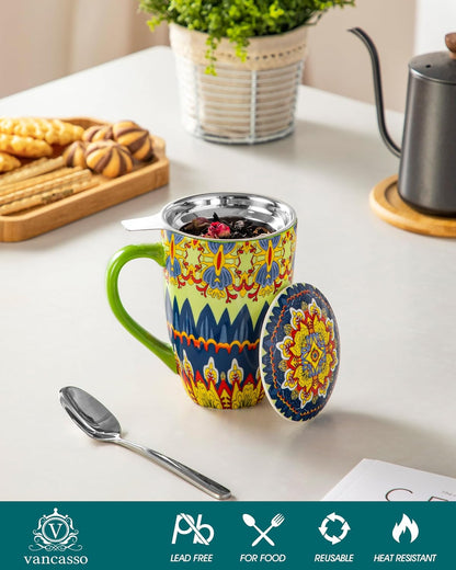 vancasso 18 Oz Tea Infuser Mug with Lid, Mint Petal Whirl | Eye catching Bohemian pattern, adds charm to any tea corner, ceramic mug with infuser, microwave and dishwasher safe