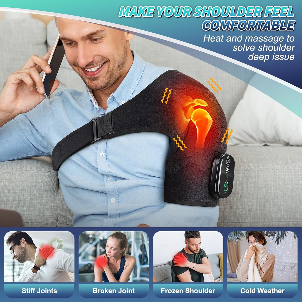 Cordless Shoulder Massager with Heat and Vibration, 3 Heat & 3 Vibration