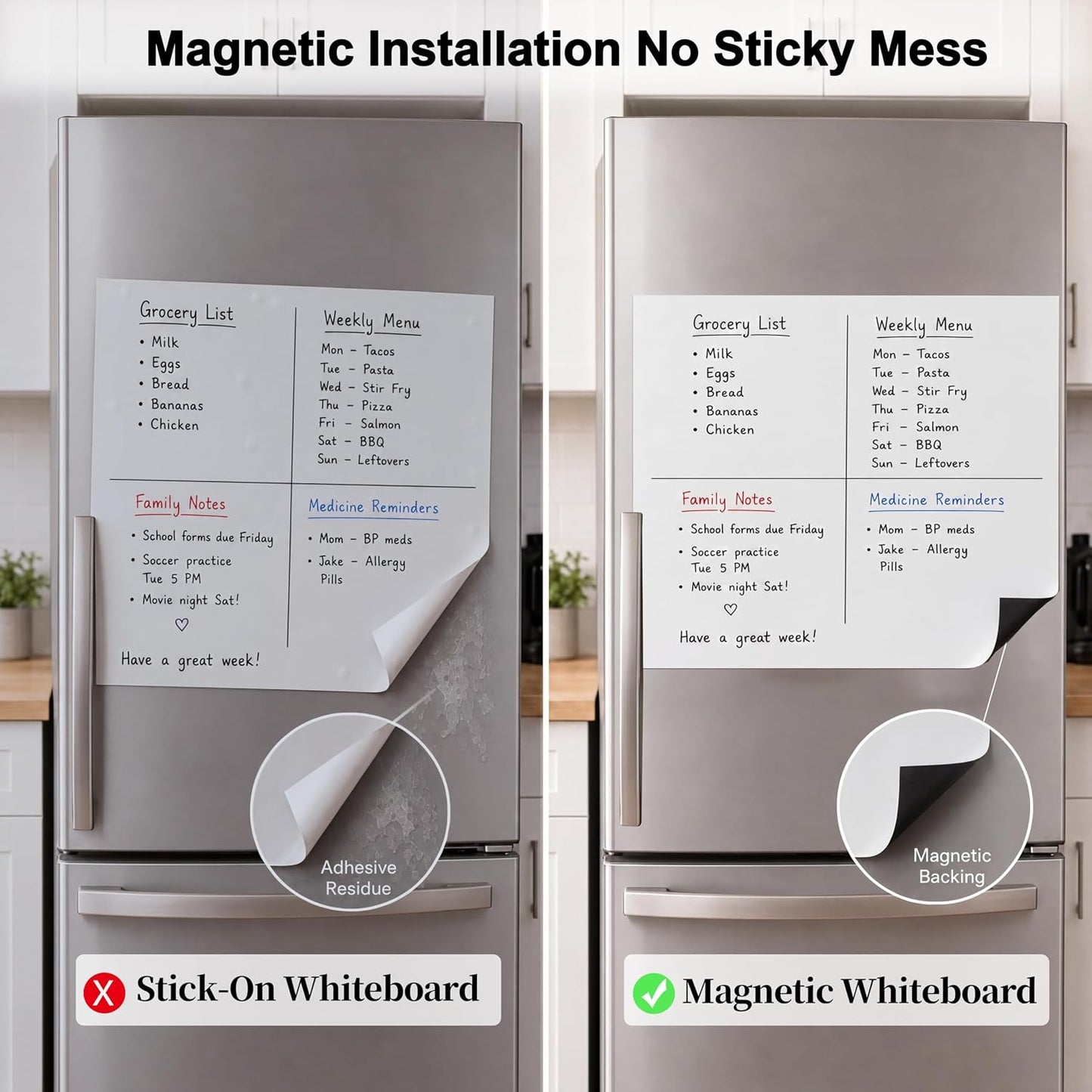 Magnetic White Board for Refrigerator Plan Weekly Menus at a Glance | Dry Erase Sheet for Meal Schedules - 12" x 8" Kitchen Command Center for Busy Moms with Magnet Backing Packed Flat