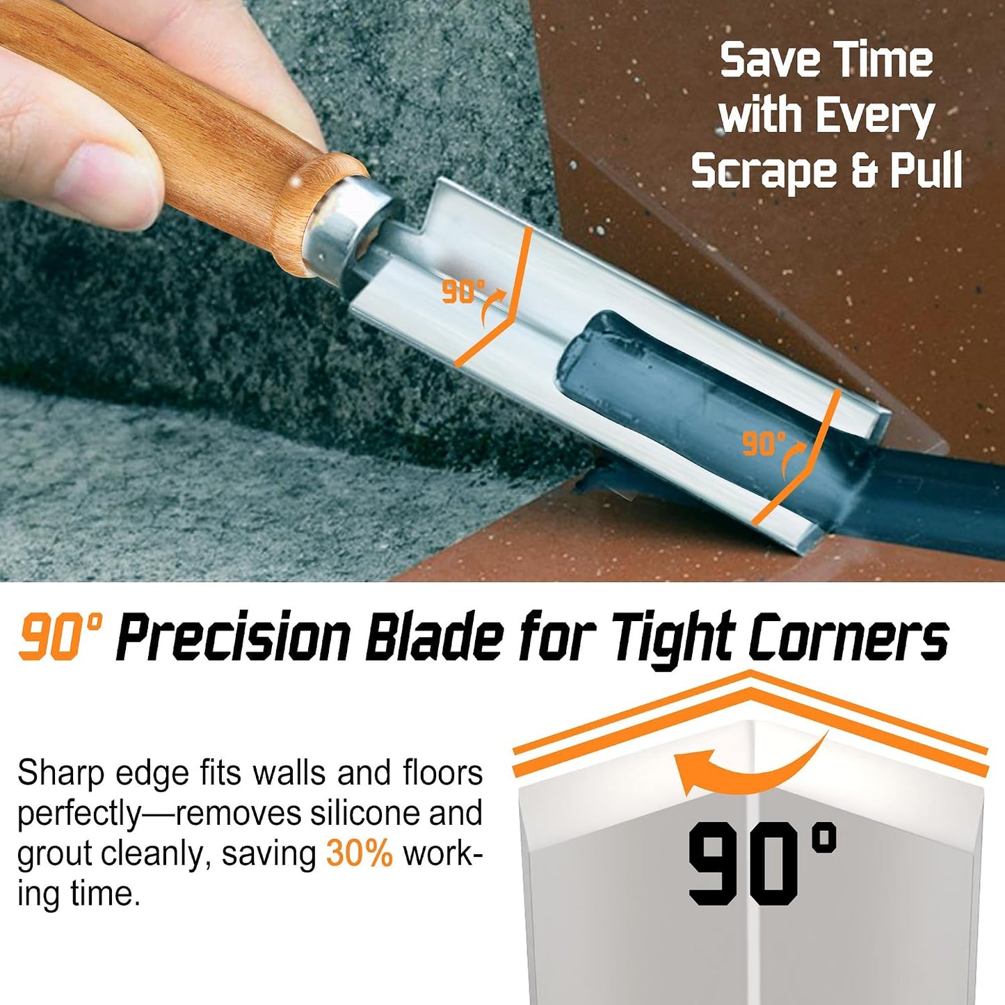 2PCS Professional Caulk Remover Tool – Heat-Treated Caulking Tool with 90° Sharp Blade & Solid Wood Handle, Saves Time for Home Improvement, Durable Grout & Silicone Remover Tool (Original - 2)