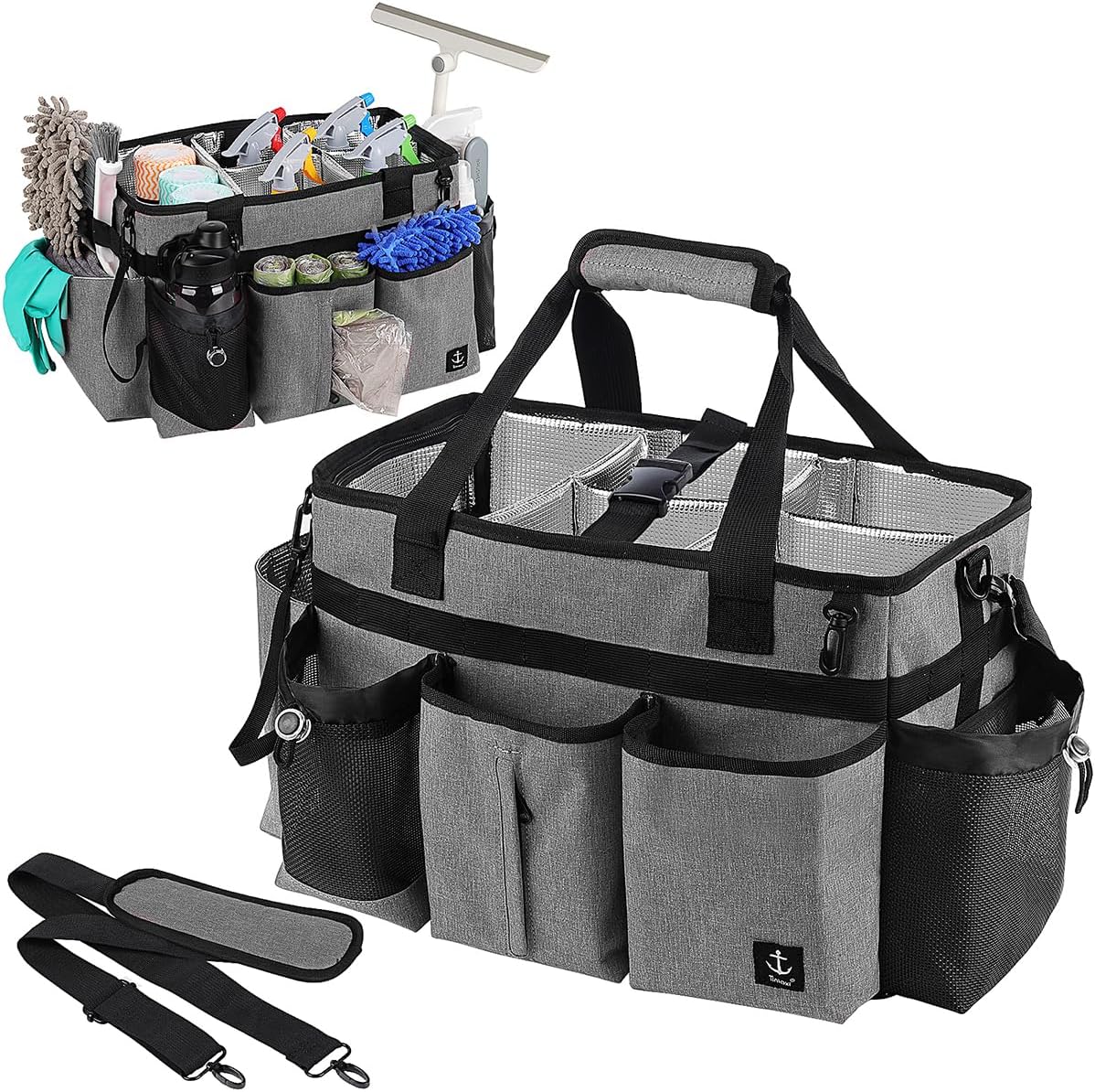 Large Cleaning Caddy Bag Built-in hard plastic sheet Aluminum foil lining | Waterproof nylon, aluminum foil lining, detachable dividers, dual straps for housekeepers