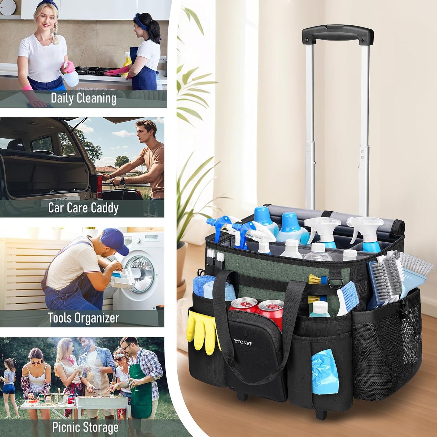 Ytonet Cleaning Caddy with Wheels, Extra Large Rolling Cleaning Caddy Bag | with Detachable Trolley for Housekeepers, Water Resistant Cleaner Supplies Organizer with Wheels for Kitchen, Tool Organizer