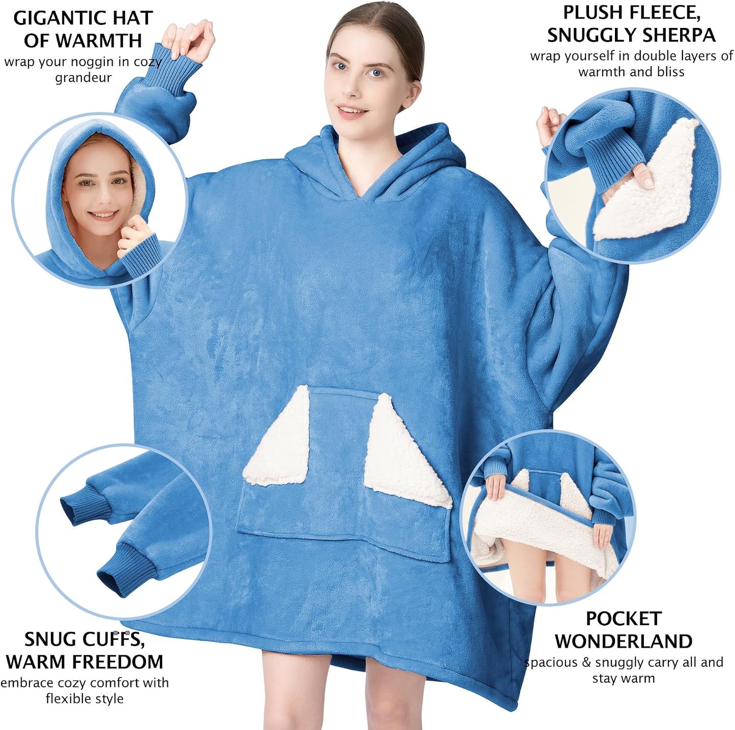 Wearable Blanket Hoodie, Oversized Sherpa Fleece Sweatshirt Blanket with Giant Hood Pocket and Sleeves for Adult, Warm & Cozy Grey Blanket Gifts for Women