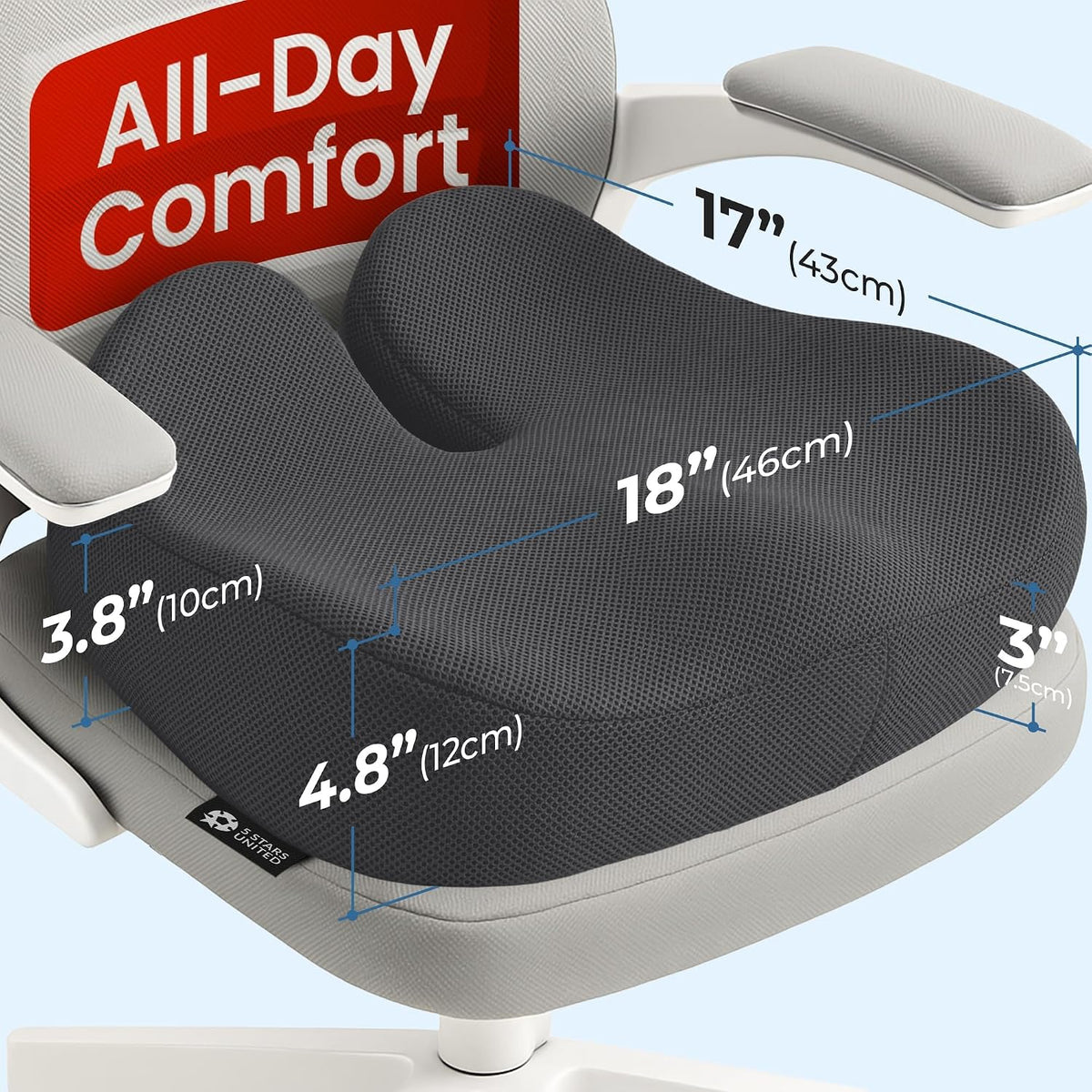 5 STARS UNITED Seat Cushion - Memory Foam Chair Cushion for Tailbone Pain Relief - Ergonomic Support for Coccyx, Sciatica & Butt - Office, Desk & Gaming Chair, Car Seat, Wheelchair, Airplane, Black