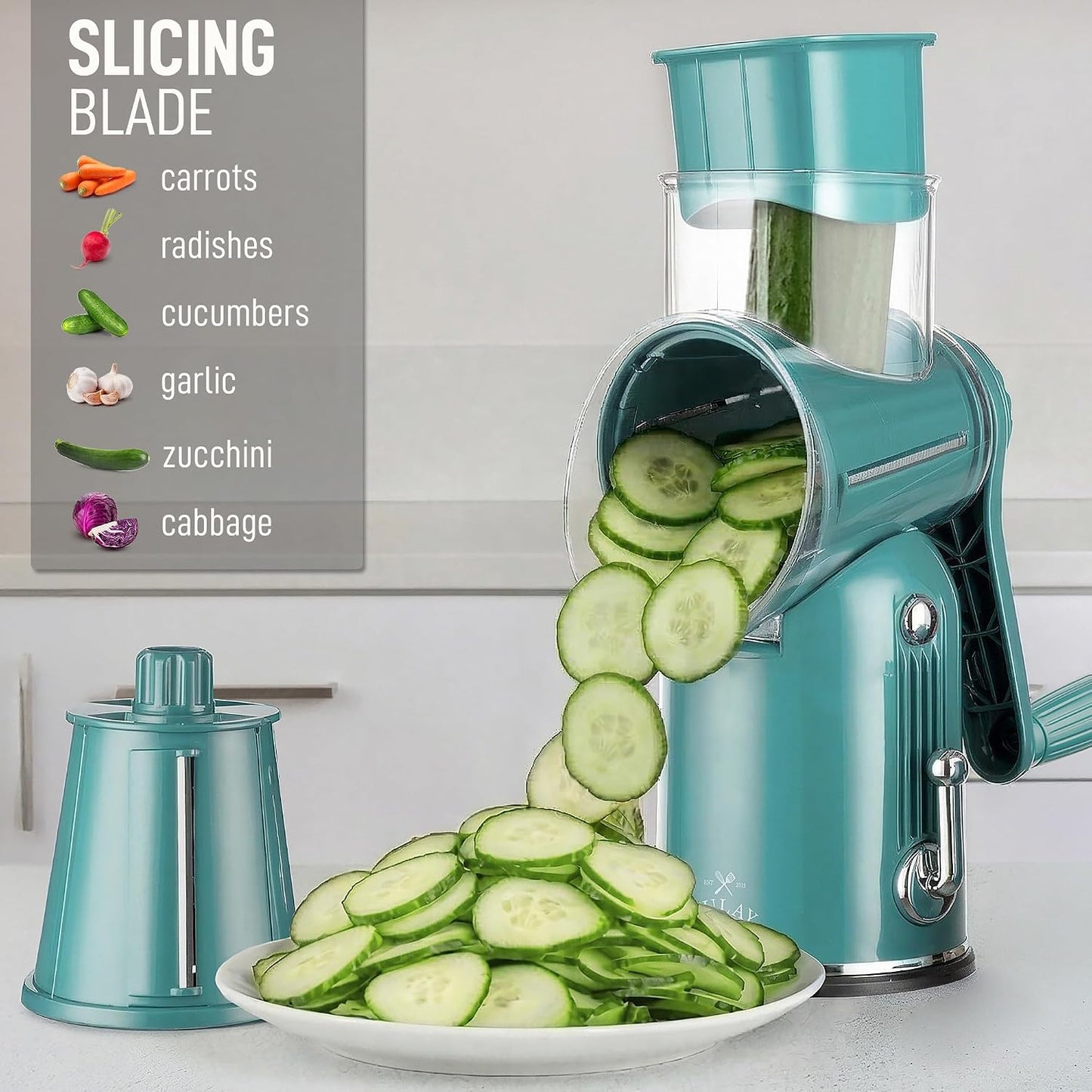 Zulay Kitchen Rotary Cheese Grater 5 Blade Cheese Shredder - Manual Hand Crank Cheese Grater With Reinforced Suction & 5 Interchangeable Drums - Easy to Use, Vegetable Chopper Round Mandoline Slicer - Colors B