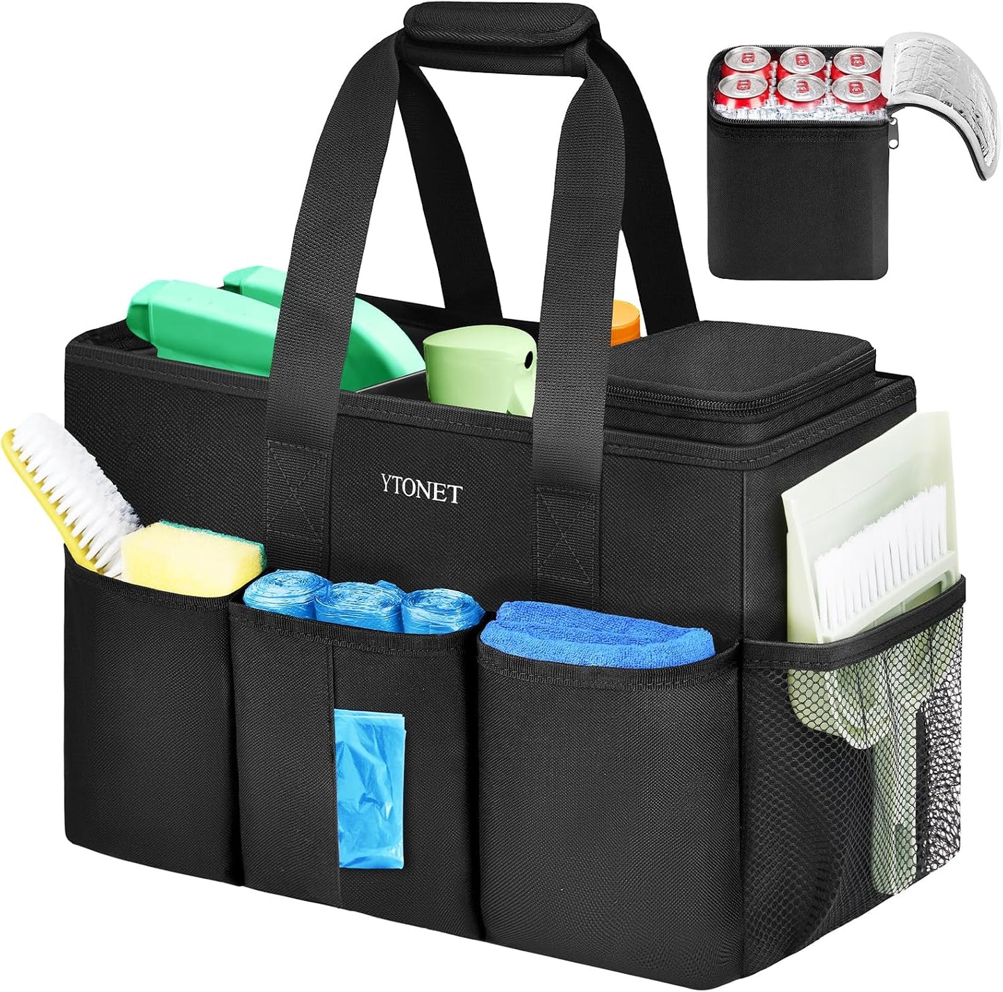 Ytonet Cleaning Caddy, Water Resistant Cleaning Supplies Organizer, Black | With Leakproof Cooler bag, Foldable Divider, Handle, Housekeeping Tote for Cleaners, Kitchen, Bathroom, Car Tool Caddy