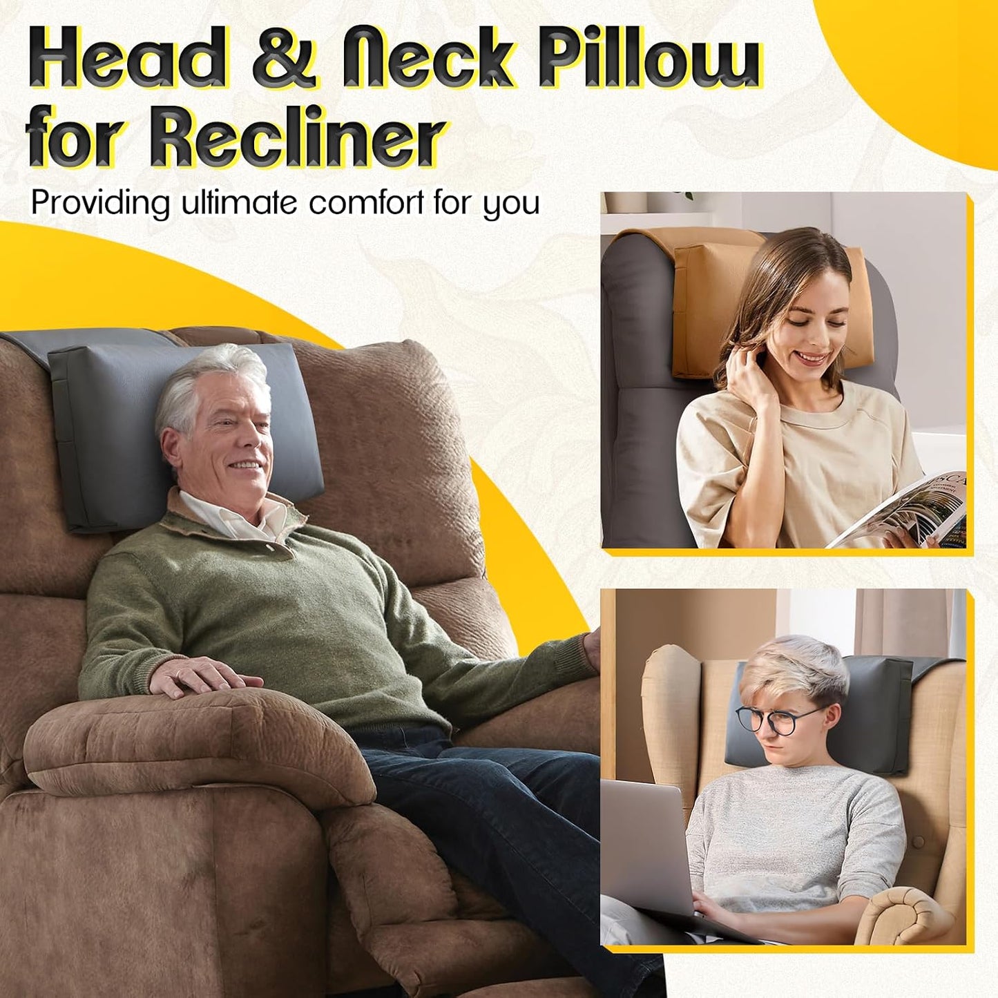 1 MIDDLE ONE Recliner Pillow, Memory Foam Head, Headrest and Neck Pillow for Recliner Chair, Small Neck Support for Office Chair (Grey)