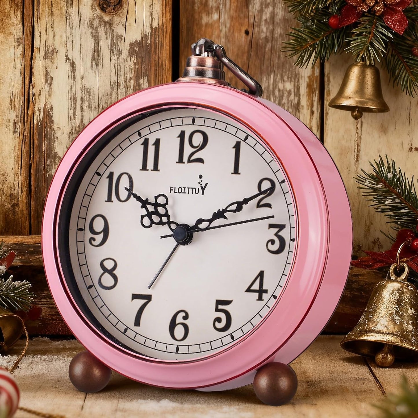 FLOITTUY 4.5" Battery Operated Antique Retro Analog Metal Alarm Clock, Silent Bedside Desk Clock, Wall-Hanging Vintage Clock(Exquisite Bronze)
