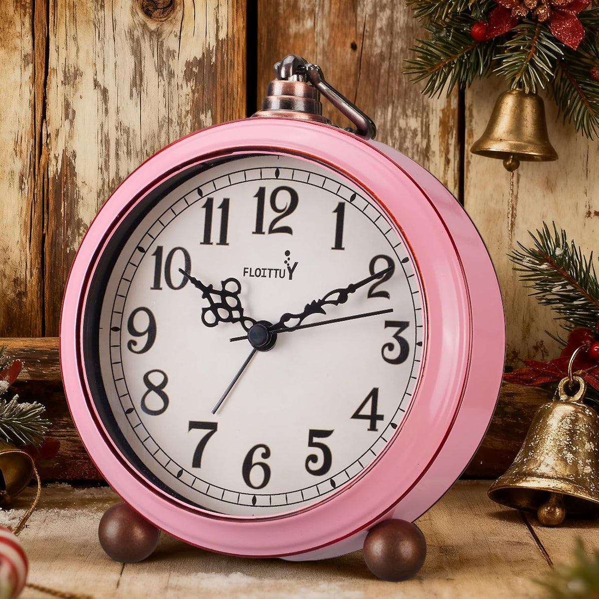 FLOITTUY 4.5" Battery Operated Antique Retro Analog Metal Alarm Clock, Silent Bedside Desk Clock, Wall-Hanging Vintage Clock(Exquisite Bronze)