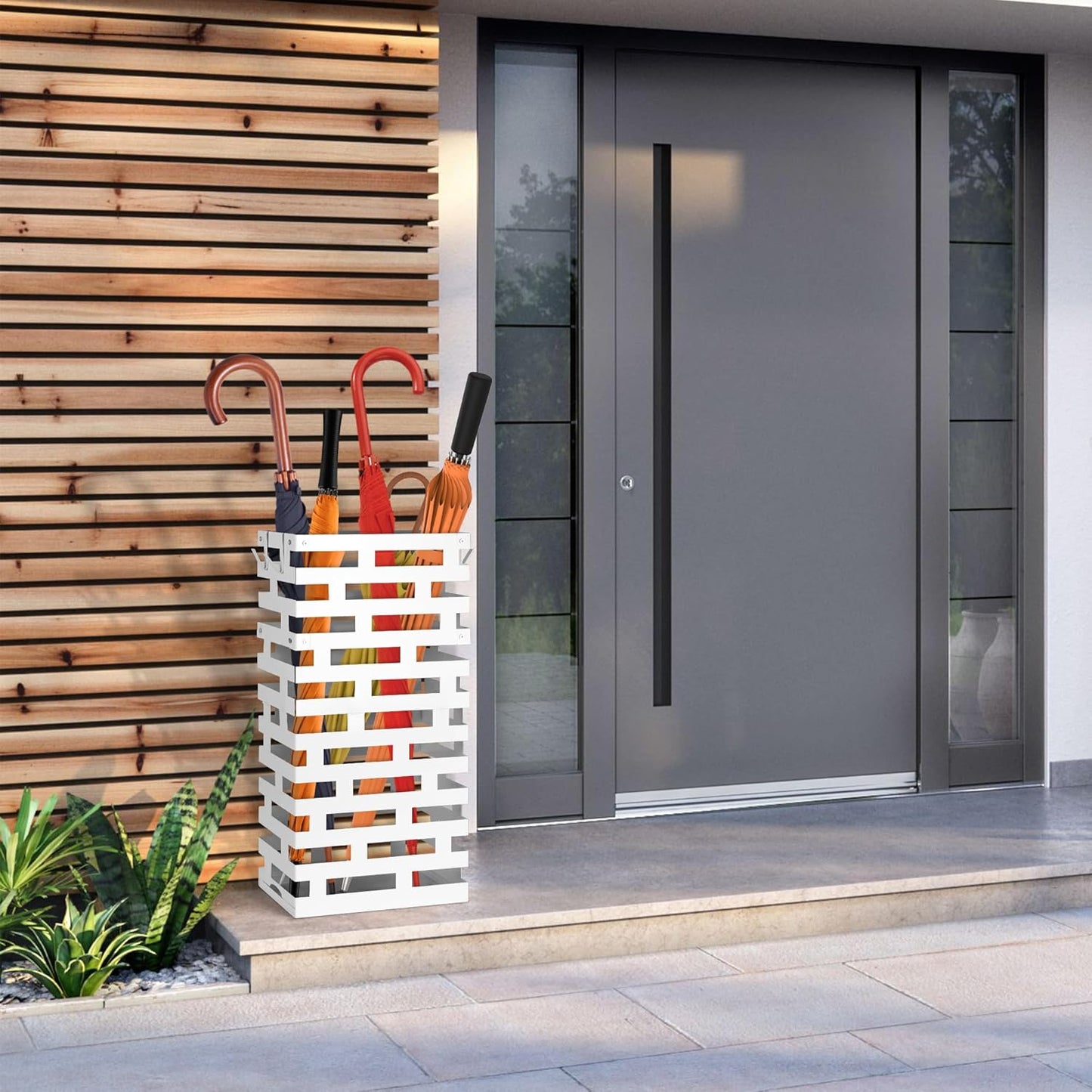Invech 23 Inch Umbrella Holder for Indoor Entryway, Large Metal Umbrella Stand with Removable Water Tray and Hooks, Umbrella Rack Storage for Home, Office, Hotel