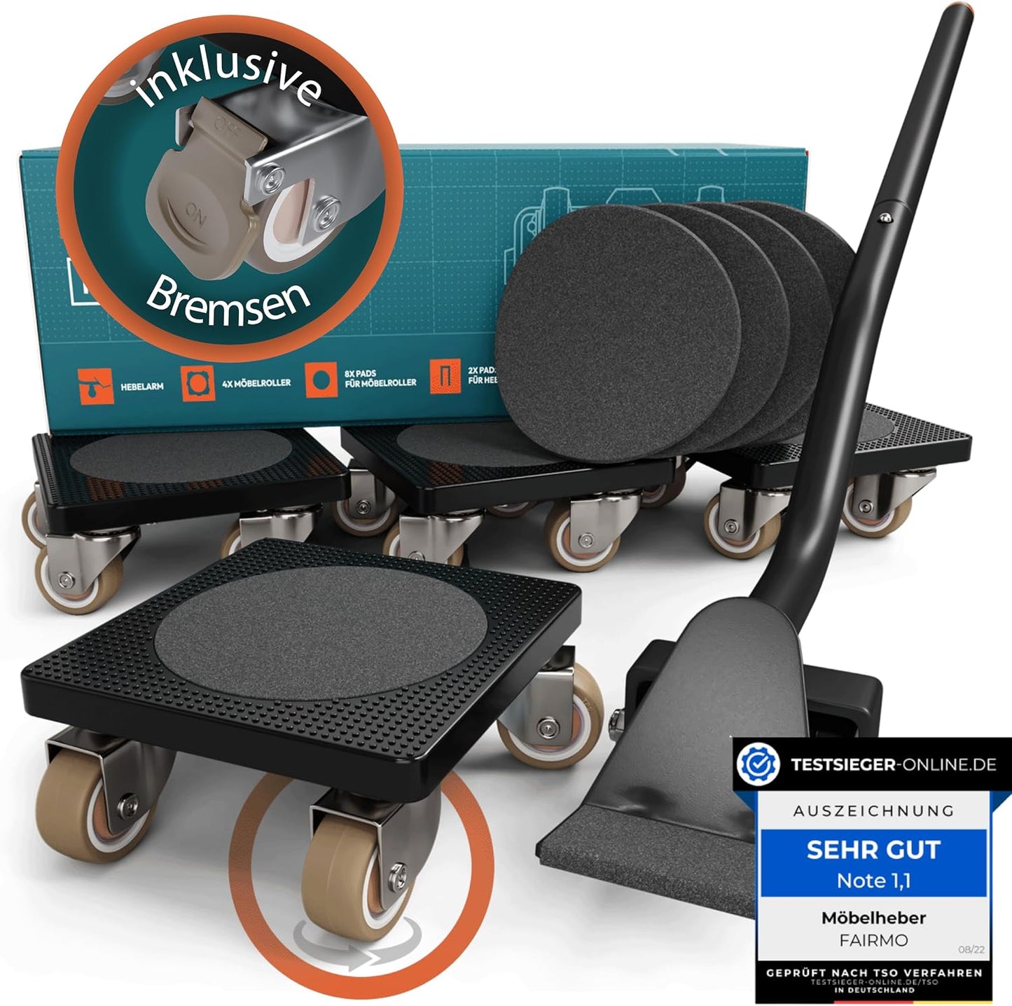 Furniture Lifter Mover Tool Set with Locking Brakes, 4 Wheeled Moving Dollies & 25.6" Lever, 440 lb Capacity, Furniture Moving Kit for Sofa, Cabinet, Bed, Washing Machine & Appliances