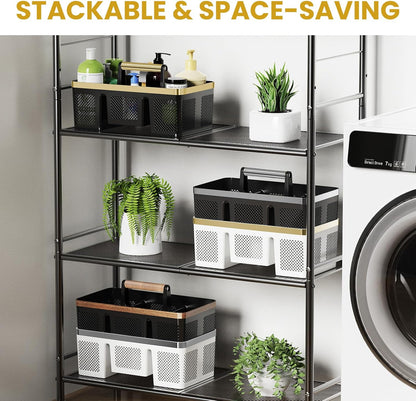 BYUNER Portable Cleaning & Shower Caddy with Handle: Rigid Plastic Basket with 4 Divided Compartments, All-Side Drainage for College Dorm, Bathroom & Utility Use, Black/Gold