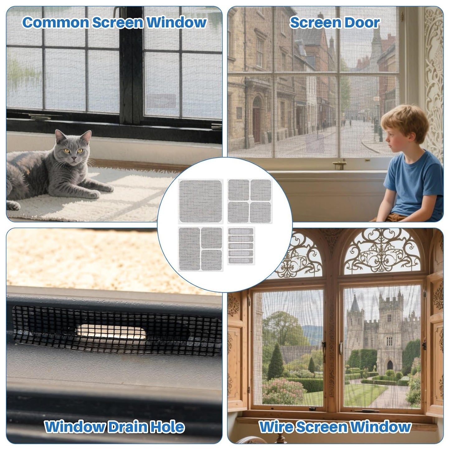 MAQIHAN Window Screen Repair Tape - 16 Sheets Black Screen Door Repair Kit | 4 Sizes Screen Patches Self Adhesive for Mesh Screens Door, Kitchen Sink & Floor Drain, Strong Adhesion Fiberglass Mesh Tape