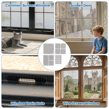 MAQIHAN Window Screen Repair Tape - 16 Sheets Black Screen Door Repair Kit | 4 Sizes Screen Patches Self Adhesive for Mesh Screens Door, Kitchen Sink & Floor Drain, Strong Adhesion Fiberglass Mesh Tape