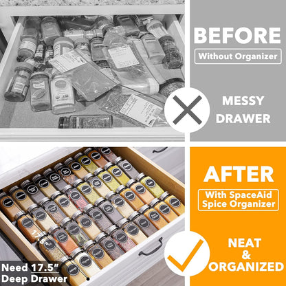 SpaceAid Spice Drawer Organizer with 28 Spice Jars, 386 Spice Labels, 4 Tier Seasoning Rack Tray Insert for Kitchen Drawers, 13" Wide x 17.5" Deep