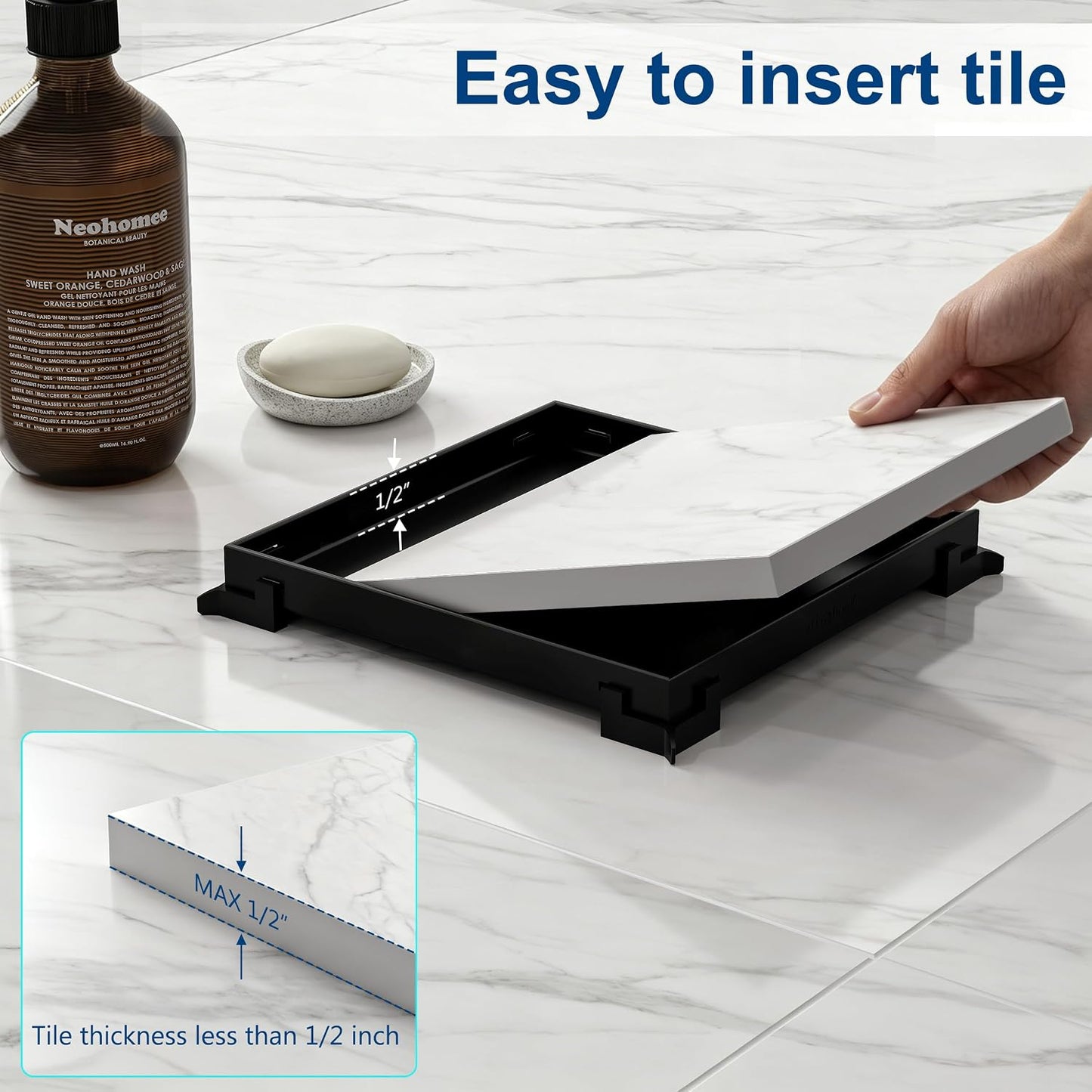 Neodrain 4" Brushed Square Shower Drain with Removable Tile Insert Grate | 304 Stainless Steel Tile Square Drain, Hidden Drain,Easy to Clean, Waterproof & Sturdy Shower Drain, CUPC Certified
