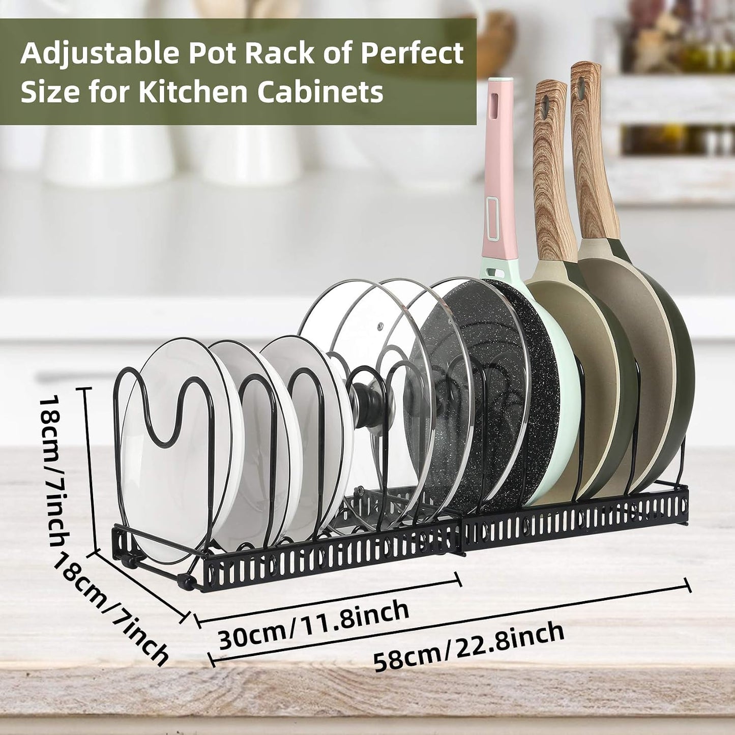 ROOHUA Pot and Pan Lid Organizer Rack for Under Cabinet, 12"-23" Expandable | 10 Adjustable Dividers, Holds Pan Lids, Cookware & Bakeware, Creates Tidy Cabinet Storage, Durable Metal, Bronze